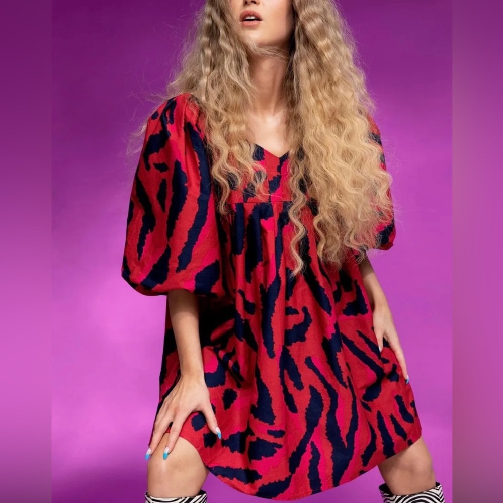 Nasty Gal Red Zebra Print Puff Sleeve Mini Dress Size 2
